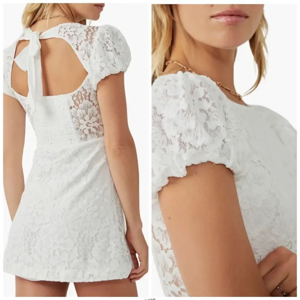 Revolve Free People White Hailee Puff Sleeve Lace Mini Dress
